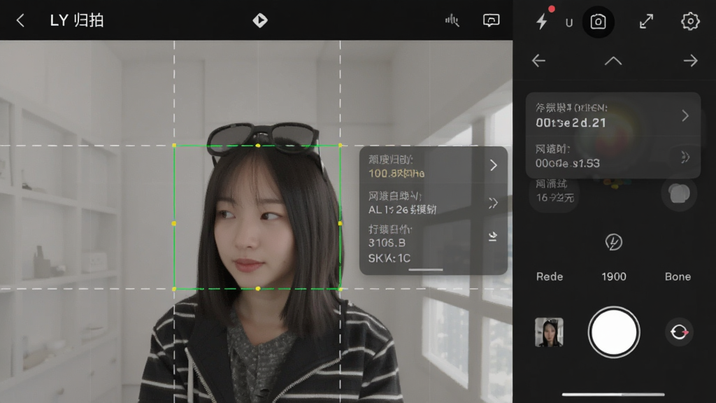 主体为“LY 归拍”应用内的归拍模式界面,画面中显示辅助构图线与拍摄参数面板,布局为左取景右控制栏,排版工整对称,风格为专业工具类应用视觉,细节包括屏幕上的网格线与半透明参数浮层,画质为高清渲染,干净无多余元素
