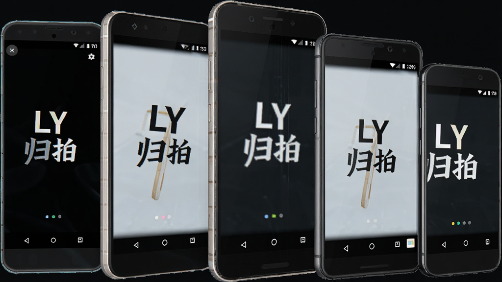主体为多部不同尺寸的安卓手机并排展示,每部手机屏幕上都显示“LY 归拍”的运行画面,布局为横向一字排开,排版体现设备兼容性,风格为科技产品展示风,细节包括手机边框的金属质感与屏幕内容的清晰呈现,画质为高清渲染,干净无多余元素