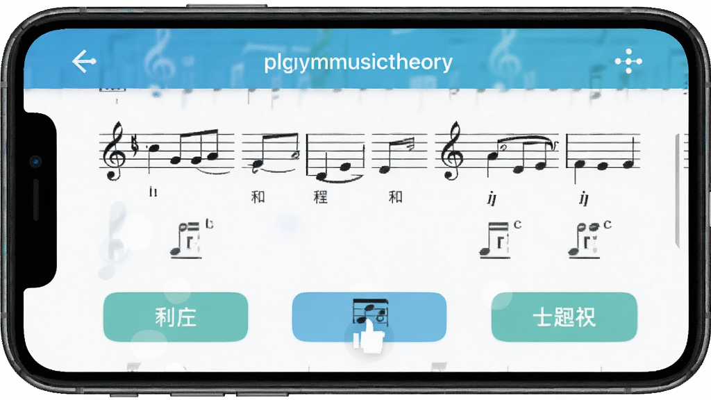 一张展示 plgymusictheory 音程与和弦训练界面的图片,主体为手机屏幕中显示音符与和弦选项,布局上下分布,排版整齐,风格清新明快,细节包含五线谱、音符标记与选择按钮,画质清晰,干净,无多余元素