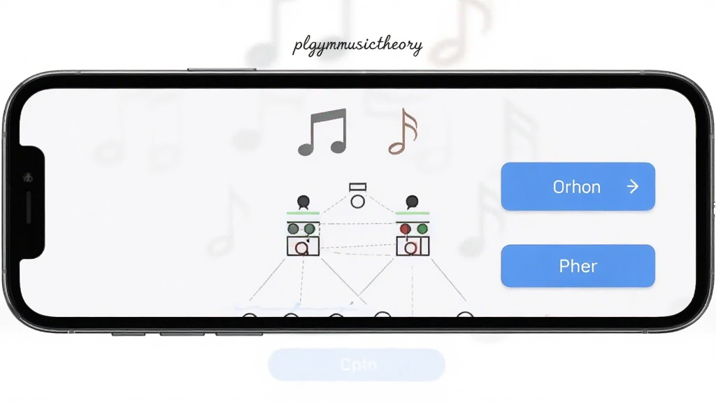 一张展示 plgymusictheory 软件界面的预览图,主体为手机屏幕中显示乐理练习模块,布局居中,排版清晰,风格简约现代,细节包含音符图标、和弦图表与操作按钮,画质清晰,干净,无多余元素