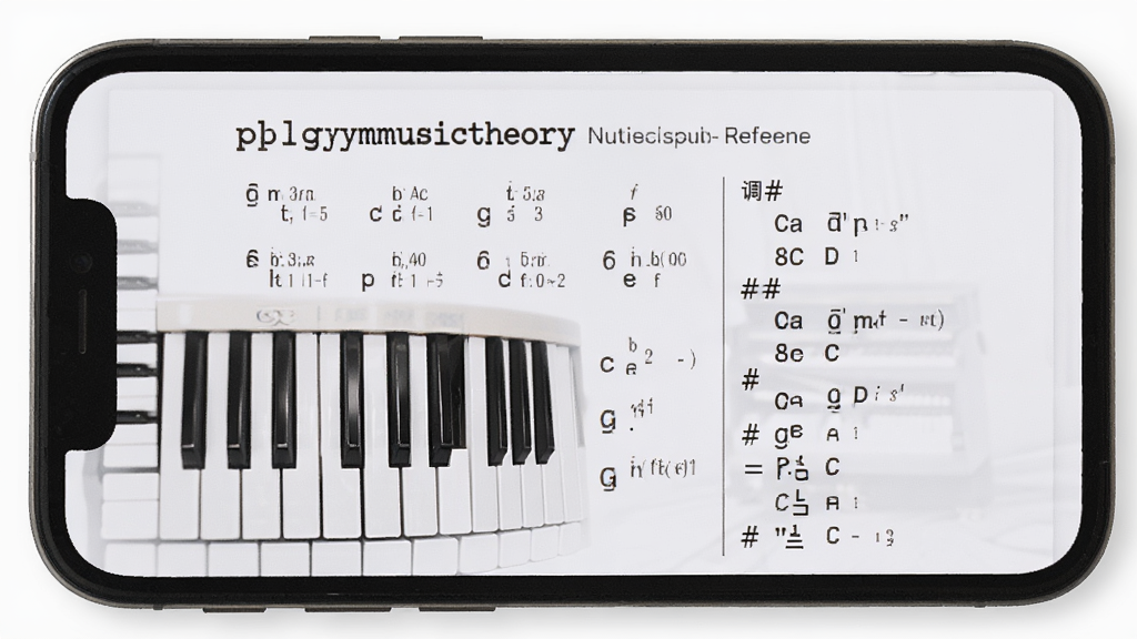 一张展示 plgymusictheory 调式与音阶参考页面的图片,主体为手机屏幕中显示音阶排列与调号信息,布局左右分栏,排版规整,风格素雅简洁,细节包含钢琴键盘示意与音符名称,画质清晰,干净,无多余元素