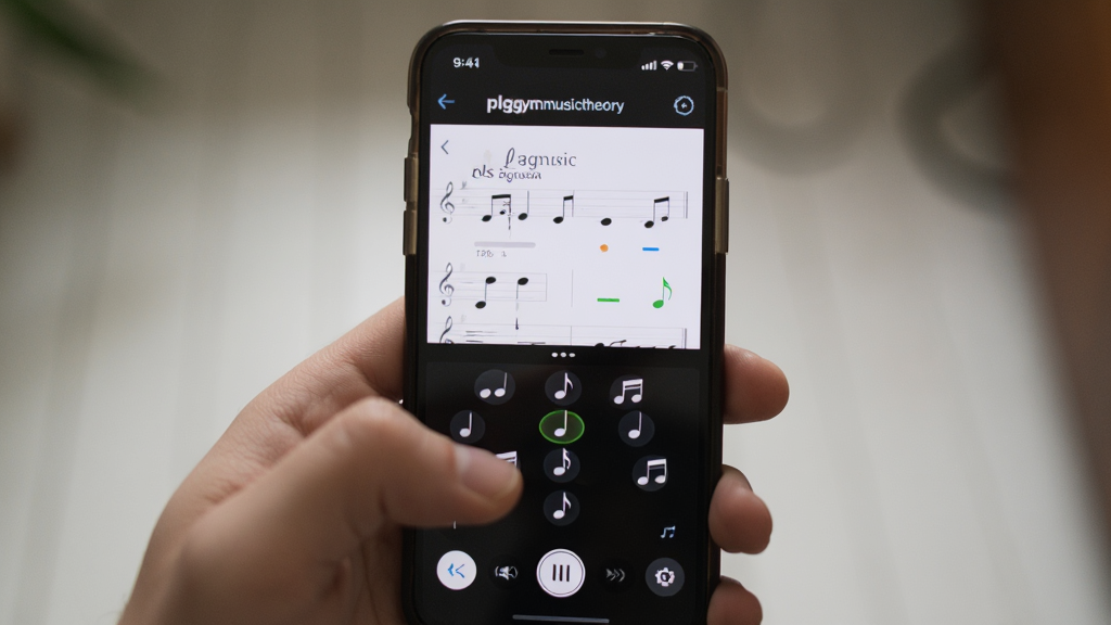 一张展示 plgymusictheory 在手机上运行的实拍风格图片,主体为手持手机显示乐理练习界面,布局居中,排版自然,风格生活化,细节包含手指点击屏幕与音符反馈动画,画质清晰,干净,无多余元素