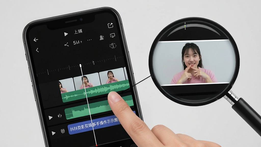 抖抖剪影剪辑新手操作示意图,画面中一部手机显示剪辑界面,手指正在拖动时间线上的视频片段,旁边有放大镜效果展示细节,背景为浅灰色,风格清新简洁,布局直观,细节包括时间线上的音频轨道和文字轨道,画质清晰,干净,无多余元素