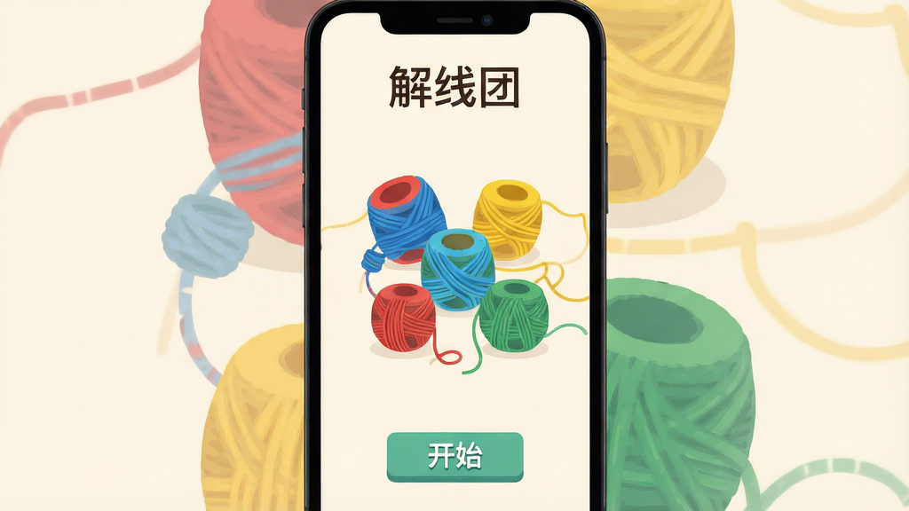 一张手机屏幕展示解线团游戏主界面,画面中央是多个彩色缠绕的线团,有红蓝黄绿等颜色,背景为浅色纯色,屏幕上方有游戏名称