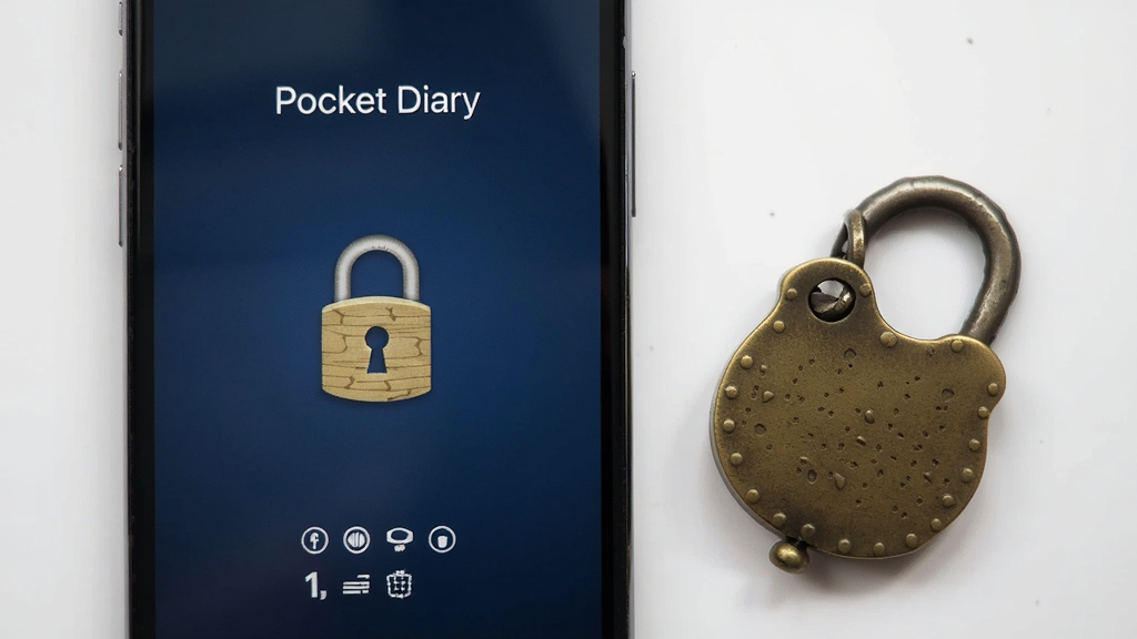 һ���ֻ���Ļ��ʾ Pocket Diary ������������棬����������һ�����µ�����ͼ�꣬����Ϊ����ɫ���䣬�ֻ��Ա߷���һ�Ѹ���ͭɫС������������Ȱ�ȫ�����������ɾ����޶���Ԫ��