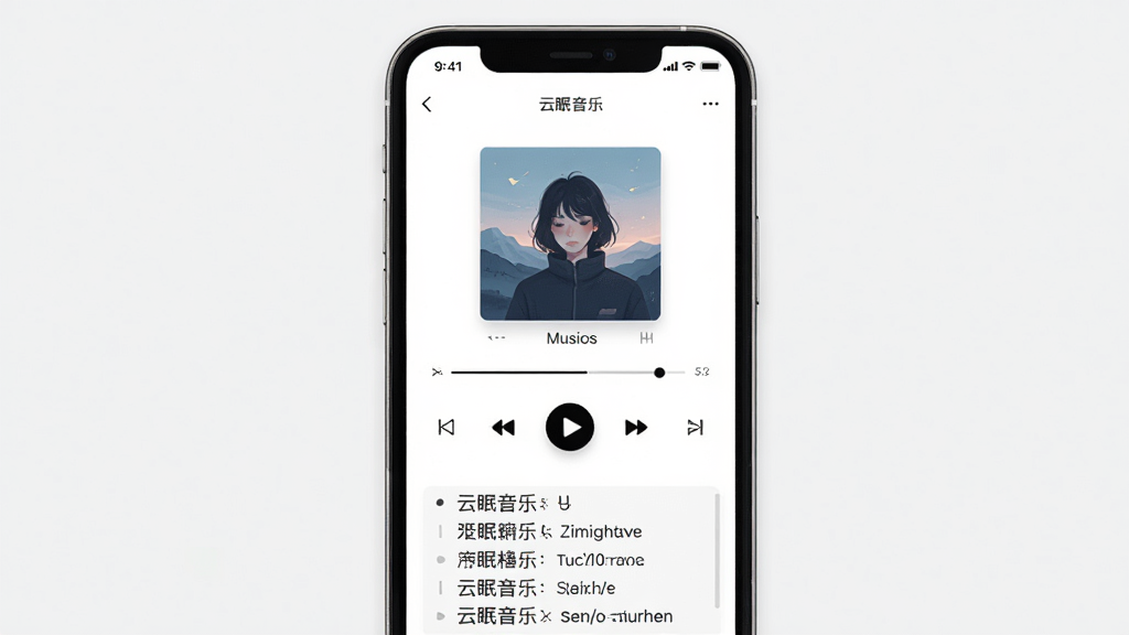 云眠音乐软件主界面展示,主体为手机屏幕中显示音乐播放列表和专辑封面,布局居中,排版整齐,风格清新简约,细节包括播放按钮、进度条、歌词滚动区域,画质高清,干净,无多余元素