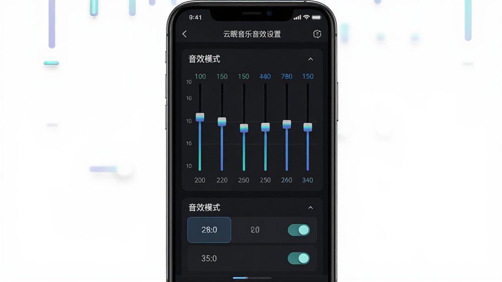 云眠音乐音效设置界面,主体为手机屏幕显示均衡器调节滑块和音效模式选项,布局纵向排列,排版规整,风格科技感,细节包括频段数值、开关按钮,画质高清,干净,无多余元素