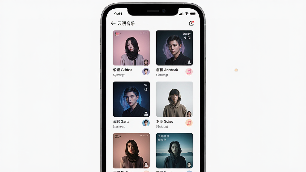 云眠音乐海量曲库界面截图,主体为手机屏幕展示多种音乐分类和推荐歌单,布局为网格排列,排版清晰,风格现代简约,细节包括专辑封面、歌曲名称、歌手头像,画质高清,干净,无多余元素