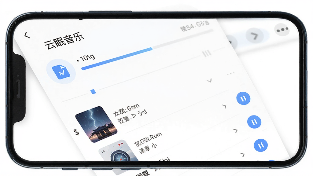 云眠音乐下载管理界面,主体为手机屏幕显示下载进度条和已下载歌曲列表,布局列表式排列,排版清晰,风格简约,细节包括文件大小、下载速度、暂停按钮,画质高清,干净,无多余元素