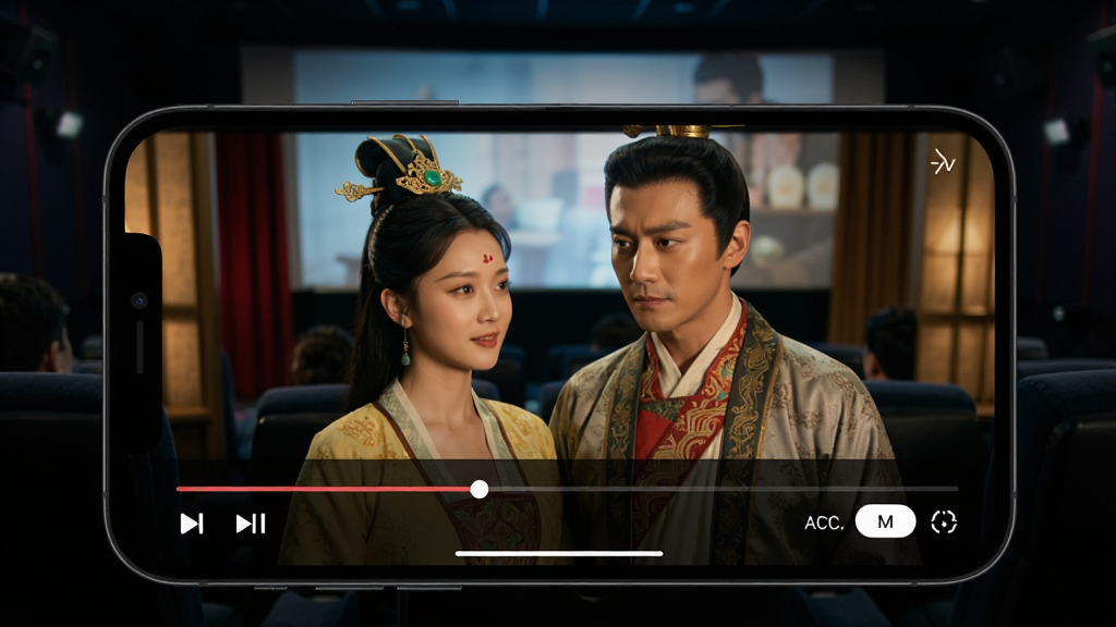 手机屏幕特写,显示喜乐汇APP正在播放一部古装剧,画面清晰色彩饱满,屏幕下方有播放进度条和清晰度切换按钮,背景为深色影院环境,风格沉浸式,画质细腻,无多余元素