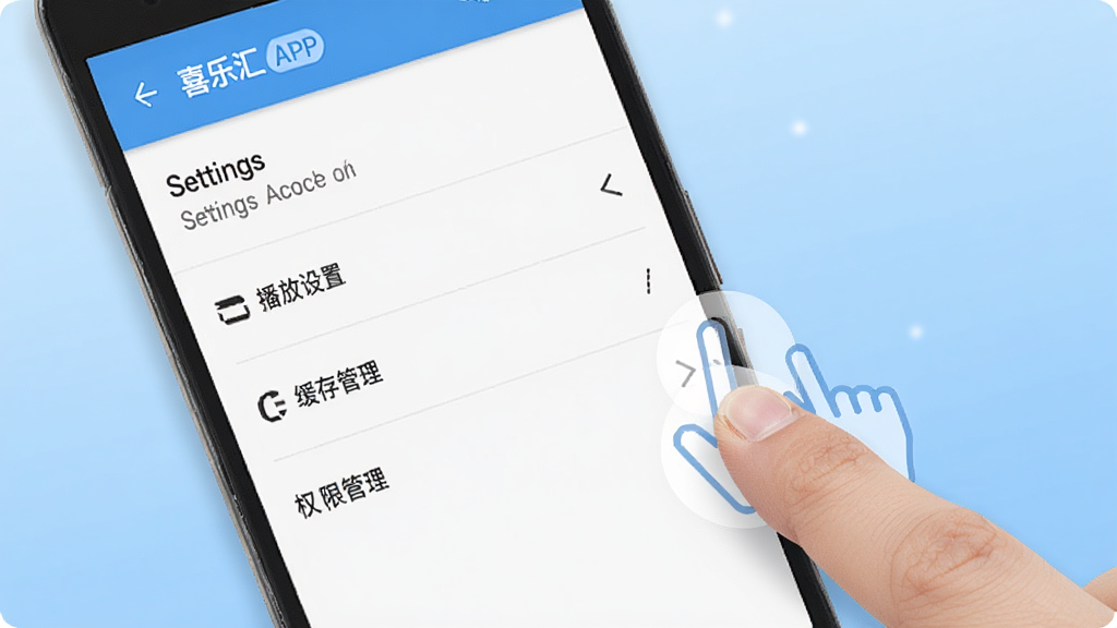 一部安卓手机显示喜乐汇APP的设置页面,页面上有播放设置、缓存管理、权限管理等选项,旁边有手指点击的示意,背景为浅蓝色渐变,风格清爽,画质干净无多余元素