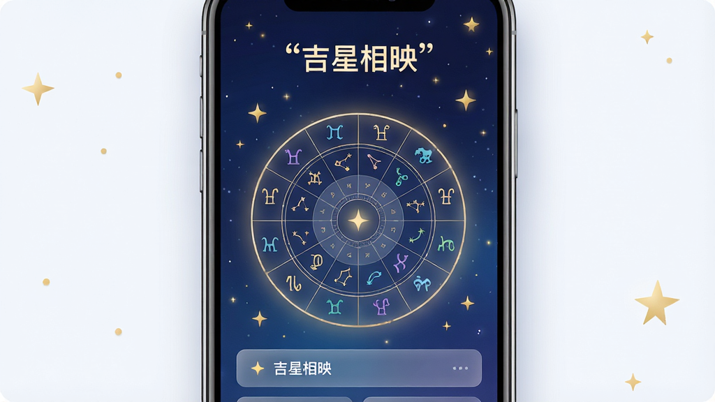 一幅竖版手机应用界面展示图,主体为「吉星相映」APP首页,画面中央放置一台智能手机,屏幕内呈现星座罗盘与十二星座图标环绕的圆形图案,上方用引号标注文字“吉星相映”,背景为深蓝渐变星空点缀金色星光,排版采用居中对称式,风格为现代简约与神秘星空结合,细节包含柔和的发光效果和半透明卡片式运势条目,画质高清,干净,无多余元素