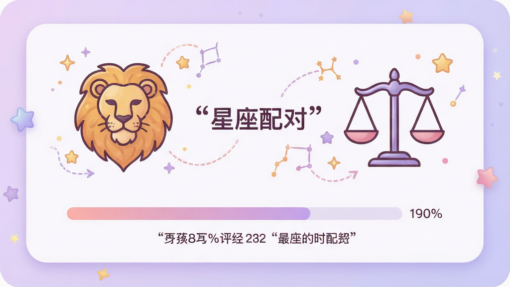 一幅星座配对界面展示图,画面中央为两个星座符号相互连接的插画,左侧为狮子座图标,右侧为天秤座图标,中间用引号标注文字“星座配对”,下方显示百分比进度条和简短评语,背景为浅紫色渐变,排版为左右对称式,风格柔和浪漫,细节包含星星点缀和圆角卡片,画质高清,干净,无多余元素