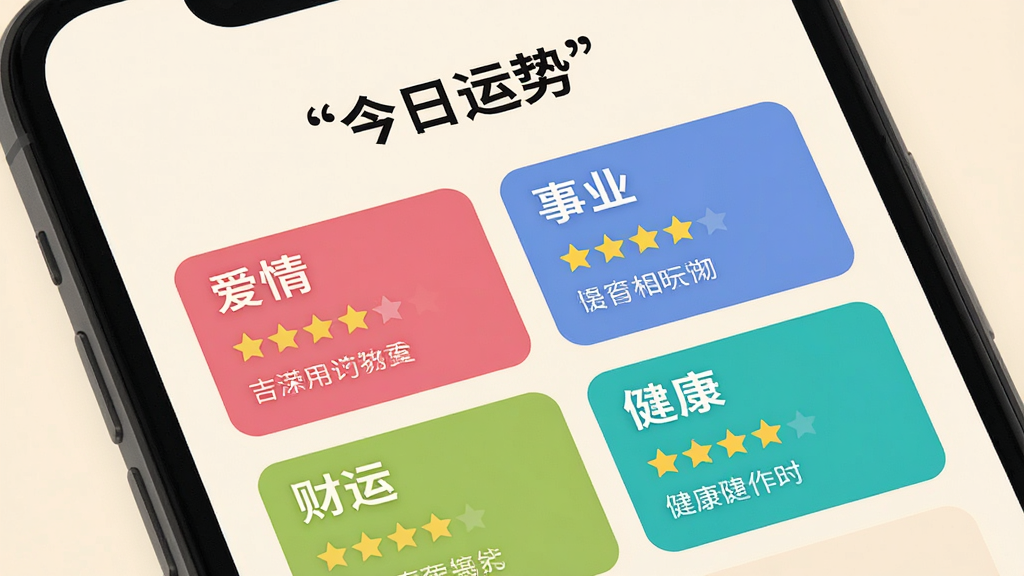 一幅手机屏幕特写图,画面中一部手机显示「吉星相映」的每日运势页面,页面顶部用引号标注文字“今日运势”,下方排列四个彩色卡片分别标注爱情、事业、财运、健康,每个卡片带有星级评分和简短文字,背景为柔和的米白色,排版为上下滚动式列表,风格清新扁平化,画质高清,干净,无多余元素