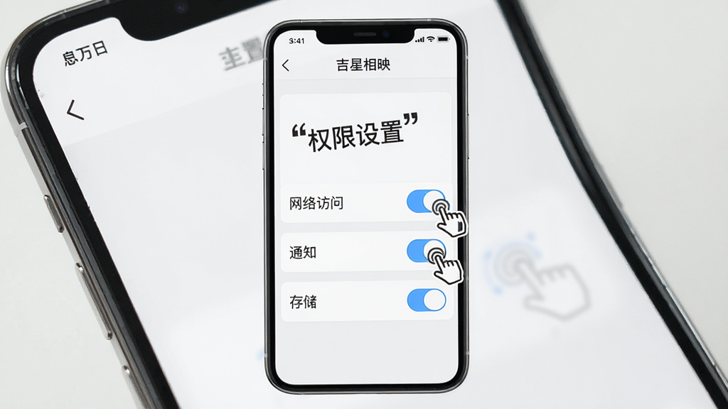 一幅手机应用操作指引示意图,画面中一部手机屏幕展示「吉星相映」的设置页面,页面内用引号标注文字“权限设置”,下方列出网络访问、通知、存储三项权限开关,旁边配有手指点击的图标示意,背景为浅灰色,排版为纵向列表式,风格简洁实用,画质高清,干净,无多余元素