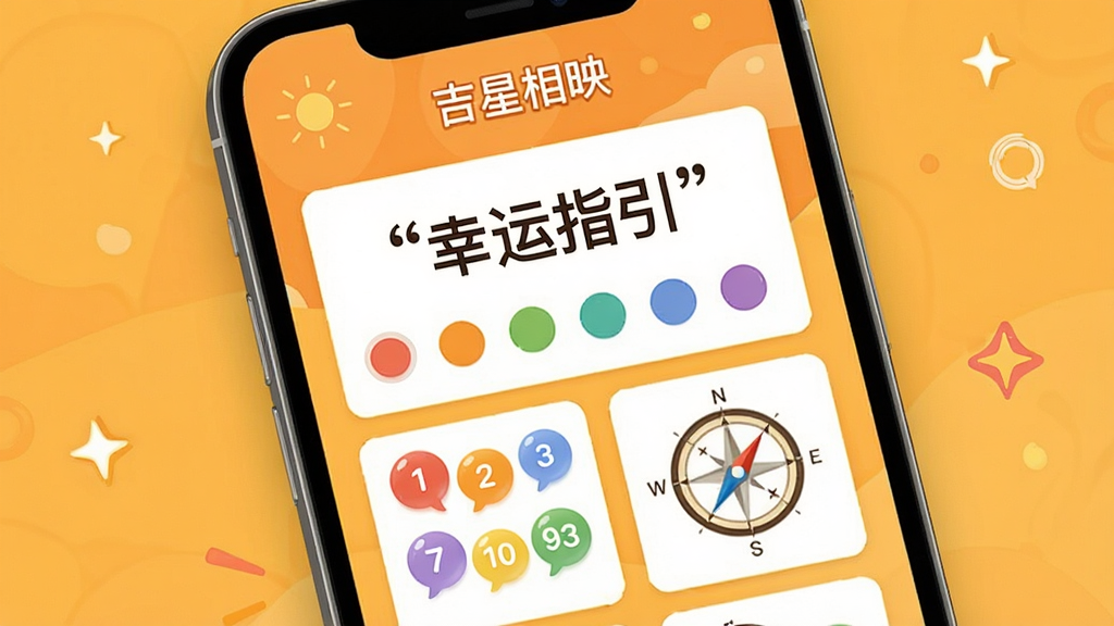一幅开运指引界面展示图,画面中一部手机屏幕显示「吉星相映」的幸运指引页面,页面内用引号标注文字“幸运指引”,下方排列彩色圆点代表幸运色、数字气泡代表幸运数字、方向罗盘代表幸运方位,背景为温暖的橙黄色调,排版为网格状卡片布局,风格活泼明快,画质高清,干净,无多余元素