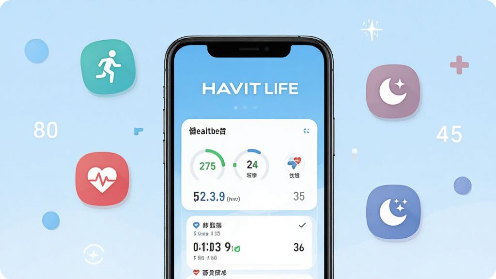 HAVIT LIFE应用主界面展示,手机屏幕中央呈现健康数据仪表盘,上方有HAVIT LIFE品牌标识,背景为浅蓝色渐变,周围漂浮步数、心率、睡眠图标,扁平化设计风格,干净整洁,高清画质,无多余元素