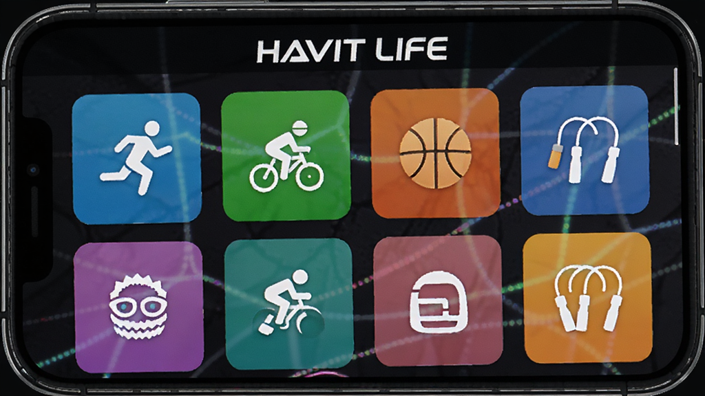 HAVIT LIFE运动模式选择界面,手机屏幕展示多种运动图标网格,包括跑步、骑行、篮球、跳绳,顶部有HAVIT LIFE名称,背景为深色运动风格,图标色彩鲜明,布局整齐,高清画质