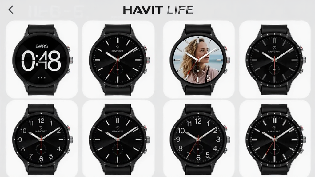 HAVIT LIFE表盘市场界面,手机屏幕展示多款不同风格的表盘预览图,包括数字式、指针式、照片自定义款,顶部有HAVIT LIFE文字,背景为浅灰色,布局为两列网格,画质细腻