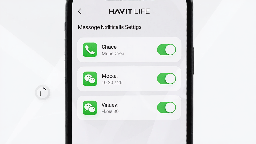 HAVIT LIFE消息通知设置页面,手机屏幕显示应用通知开关列表,包含来电、短信、微信等图标,界面采用圆角卡片设计,浅色背景,HAVIT LIFE标识位于顶部,干净整洁