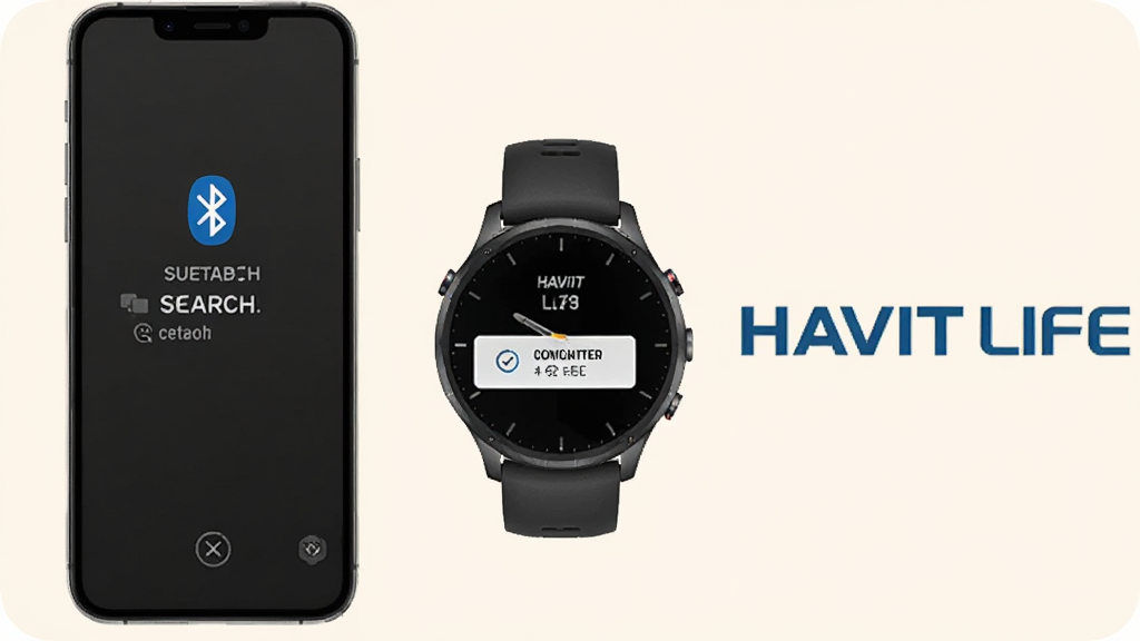 HAVIT LIFE连接故障排查示意图,手机屏幕显示蓝牙搜索界面与手表配对提示,旁边有HAVIT LIFE标识,背景为浅色,画面简洁清晰,无多余装饰
