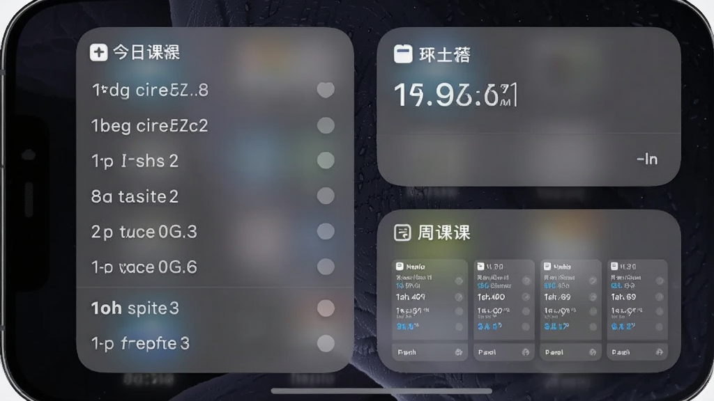 展示Nexio课程表桌面小组件效果的手机桌面截图,画面中显示多个不同尺寸的小组件,分别展示今日课程列表、下一节课卡片与周课表缩览。桌面背景为深色壁纸,小组件采用半透明毛玻璃效果,文字为白色,整体风格现代简约,画质清晰,无多余元素。