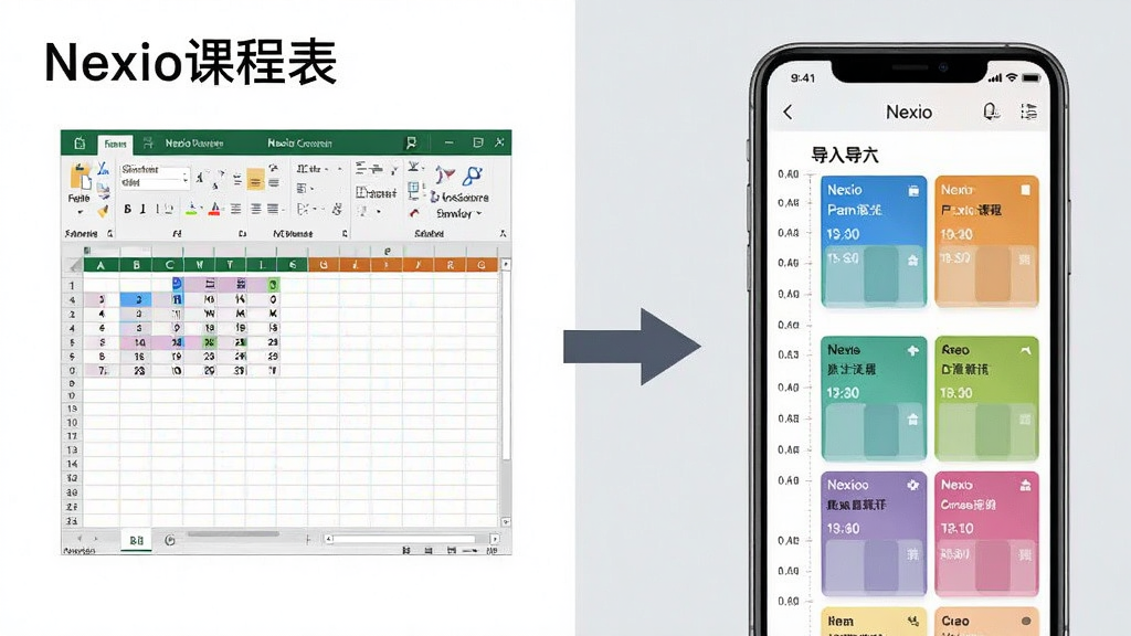 展示Nexio课程表智能导入功能的界面截图,画面左侧是Excel表格示意图,右侧是手机屏幕显示自动生成的课程表。中间用箭头连接表示导入流程。手机屏幕内课程卡片色彩分明,时间轴排列整齐。背景为白色与浅灰交替,风格商务简洁,文字标注