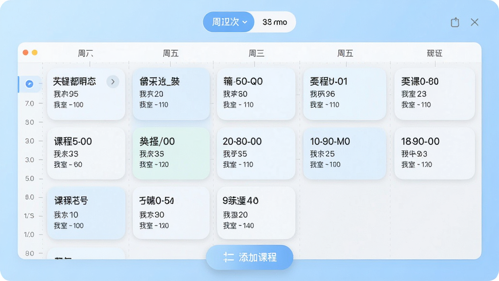 Nexio课程表软件主界面截图,画面中央展示一周课程网格布局,顶部显示周次切换按钮,底部有添加课程悬浮按钮。背景为浅蓝色渐变,课程卡片使用柔和圆角矩形,每张卡片标注课程名称、教室与时间。整体风格清新简洁,文字清晰锐利,画质干净无多余元素,适合作为软件下载站展示图。