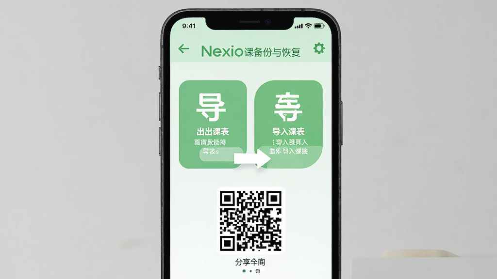 展示Nexio课程表数据备份与恢复界面的手机截图,画面中央显示导出课表与导入课表两个大按钮,下方有二维码分享区域。界面采用浅绿色调,图标为扁平化设计,文字说明清晰,背景干净整洁,适合作为软件功能展示图。