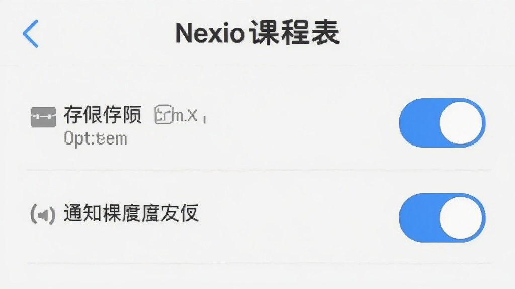 Nexio课程表在手机上的安装权限设置界面截图,画面显示存储权限与通知权限的开关选项,背景为白色,文字为深灰色,按钮为蓝色。界面简洁清晰,标注