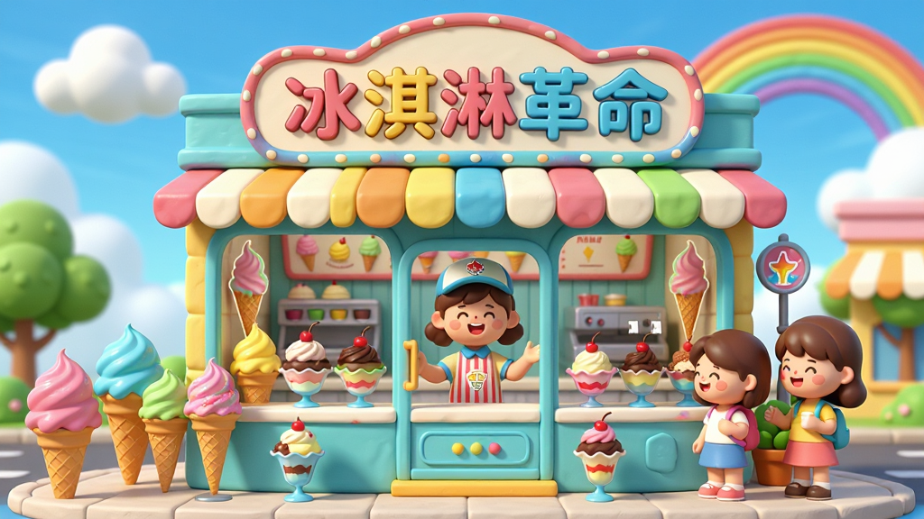 一幅充满活力与甜蜜气息的插画,画面中央是一家色彩缤纷的冰淇淋店,店铺招牌上写着“冰淇淋革命”,店门口摆放着各式各样的冰淇淋甜筒和圣代,店员和顾客脸上洋溢着笑容,背景是蓝天白云和彩虹,画面采用卡通渲染风格,色彩明亮鲜艳,细节丰富,画质高清,干净整洁,无多余杂乱元素