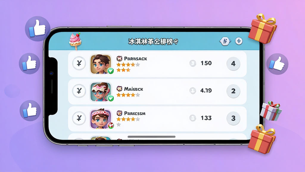 一张展示游戏社交排行榜界面的图片,画面中央是手机屏幕,屏幕上显示着冰淇淋革命游戏的排行榜页面,有玩家头像、店铺名称、星级评分和排名数字,周围环绕着点赞图标和礼物盒,背景是柔和的渐变紫色,风格现代简洁,画质清晰,无杂乱元素