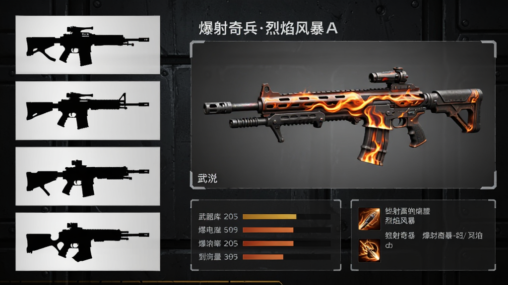 武器库界面布局,左侧竖排陈列着六把造型各异的枪械剪影,右侧大图展示一把名为“爆射奇兵烈焰风暴”的传说级步枪,枪身缠绕着流动的火焰纹路,下方有属性条与技能描述面板,背景为深色金属质感,整体风格硬朗科幻,画面整洁无冗余元素