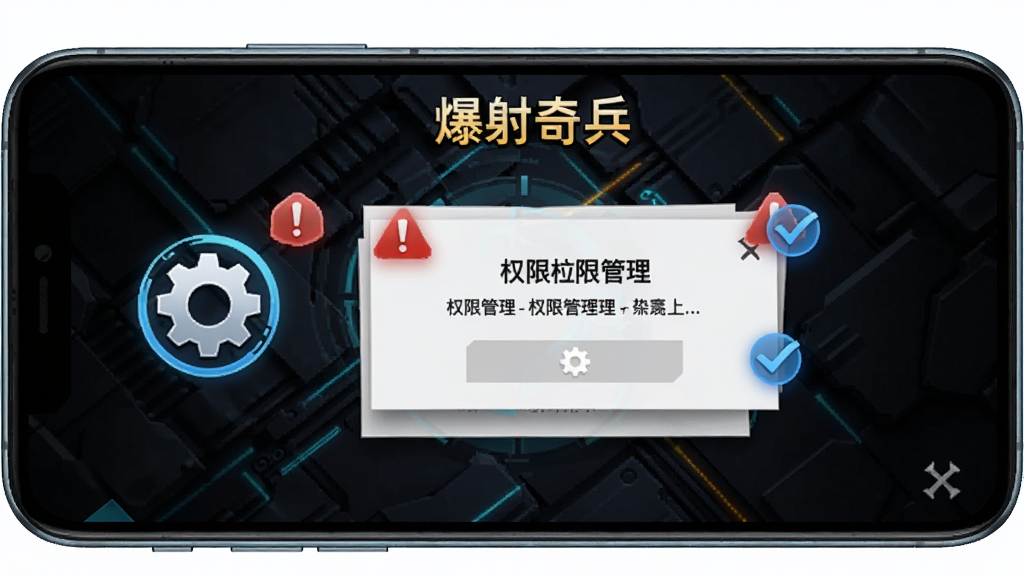 手机屏幕显示“爆射奇兵”游戏主界面,画面中有醒目的设置齿轮图标与权限管理弹窗,旁边标注着红色感叹号与蓝色对勾的提示标记,背景为深色科技纹理,风格简洁明快,画质清晰干净