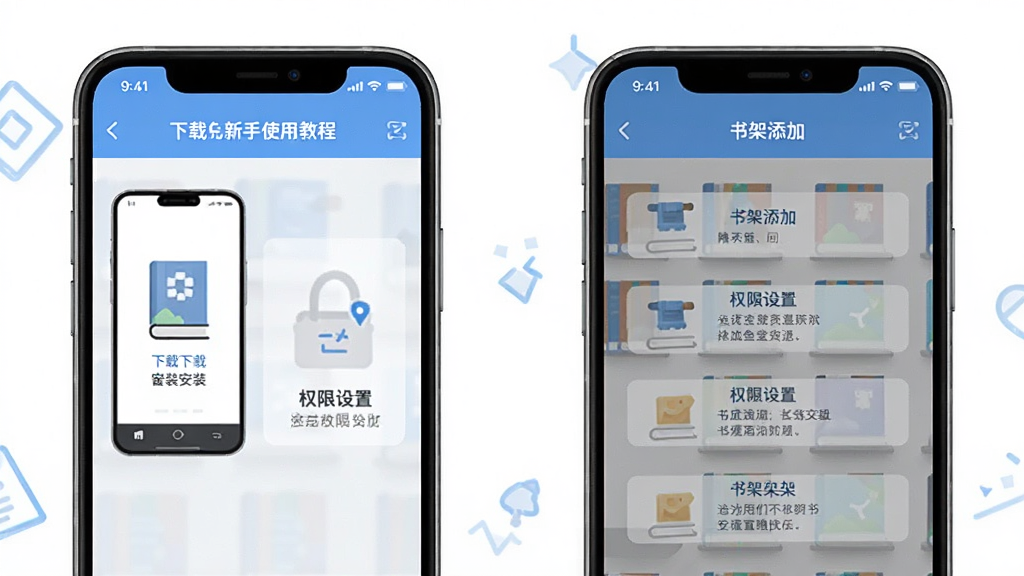 番读小说全免费新手使用教程示意图,手机屏幕显示分步操作指引,包含下载安装、权限设置、书架添加等步骤,风格简洁明快,布局清晰,细节到位,画质干净无多余元素