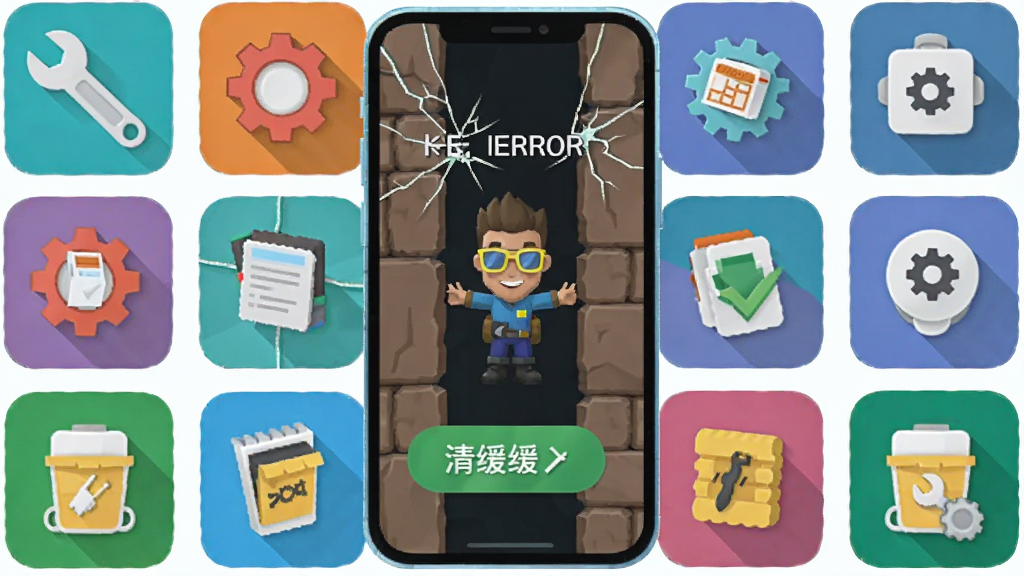 画面中央展示一部智能手机,手机屏幕上显示游戏角色卡在墙壁里的错误提示,手机周围环绕着各种工具图标如扳手、齿轮、清缓存按钮等,布局为手机居中,工具环绕,风格为扁平化科技风,细节上手机屏幕有裂纹效果,工具图标色彩鲜艳,画质清晰,画面干净,无多余元素。