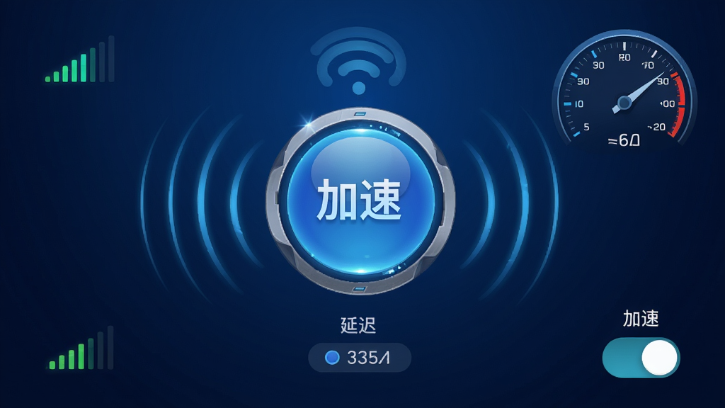手机争速神刀软件主界面截图,画面中央展示一个科技感十足的加速按钮,周围环绕着网络信号波纹和速度仪表盘元素,背景为深蓝色渐变,布局简洁明了,风格现代科技感,细节包含信号强度指示、延迟数值、加速开关等,画质高清,干净无多余元素