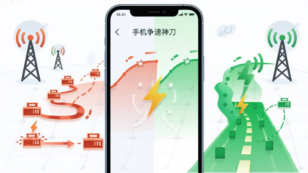手机争速神刀智能加速功能展示图,画面主体为一部智能手机屏幕显示加速前后的网速对比曲线,左侧为拥堵的红色网络路径,右侧为畅通的绿色加速通道,布局左右对比鲜明,风格扁平化插画,细节包含信号塔、数据包、闪电加速符号,画质清晰,干净无多余元素