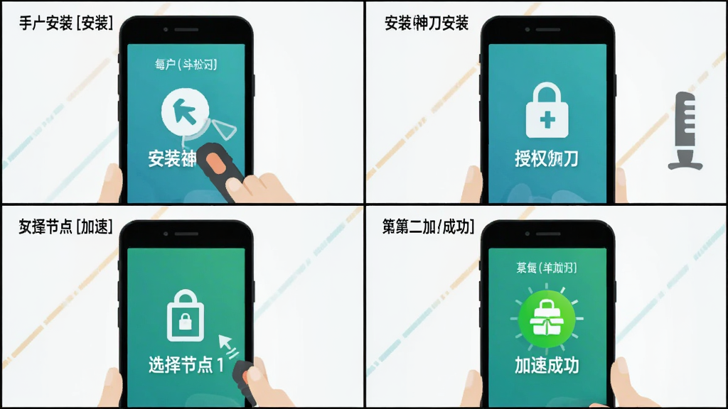 手机争速神刀操作教程示意图,画面展示手机屏幕从安装到加速成功的四个步骤分镜,布局为四格漫画式,风格简洁扁平,细节包含点击安装、授权、选择节点、加速成功图标,画质清晰,干净无多余元素