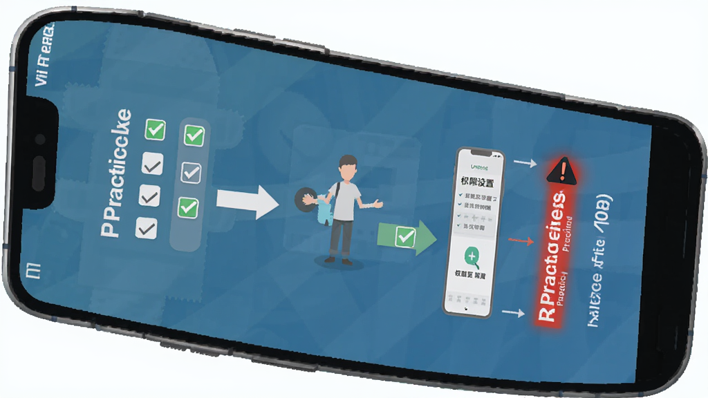 ViiPractice软件新手上手操作流程图,主体为手机屏幕中显示的安装引导与权限设置步骤,布局为纵向步骤条形式,排版从上到下依次排列,风格为扁平化教学风,细节包括勾选图标、箭头指引、红色警示标记,画质高清干净无多余元素