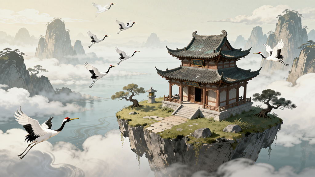 一幅展示炼仙传说游戏画面的图片,画面中是一片云海之上的仙岛,岛上有一座古色古香的楼阁,周围有仙鹤飞舞,远处是连绵的山峰,画面风格为国风水墨,色调淡雅,细节精致,画质高清,干净整洁,无多余元素