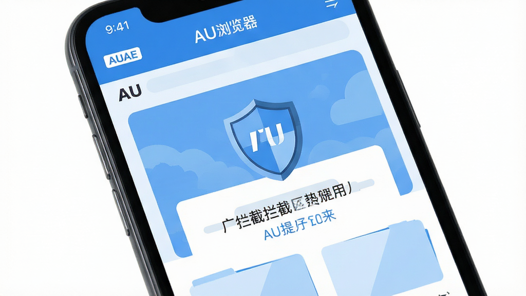 AU浏览器 广告拦截 功能界面 手机屏幕 展示 拦截提示 盾牌图标 清爽网页 蓝色调 扁平化插画风格 高清 干净 无多余元素