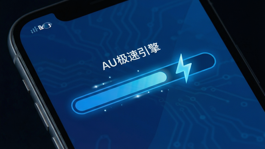 AU浏览器 极速引擎 加载速度 手机屏幕 展示 进度条 闪电图标 动态光效 科技蓝 扁平化风格 高清 干净 无多余元素