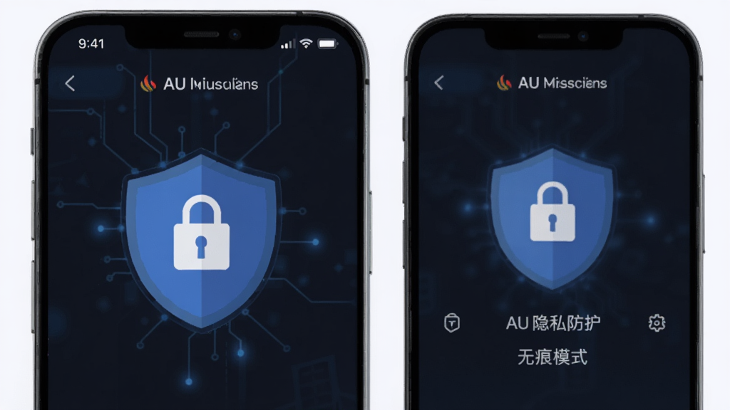 AU浏览器 隐私防护 无痕模式 手机界面 展示 盾牌 锁形图标 深色背景 科技感 扁平化设计 高清 干净 无多余元素