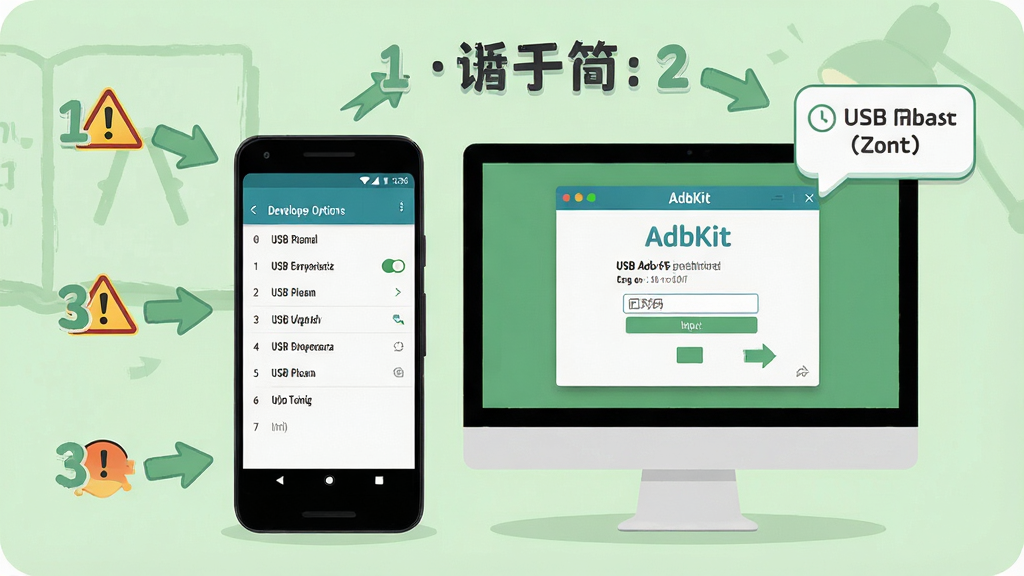一张面向新手的教程类信息图,画面中央是安卓手机和电脑屏幕并排展示,手机屏幕显示开发者选项菜单,电脑屏幕显示AdbKit连接向导界面,周围环绕着步骤编号和箭头指示,背景是柔和的浅绿色学习氛围,主体突出USB调试开关和配对码输入框,风格友好清晰,细节包含警告图标和提示气泡,画质干净无多余元素