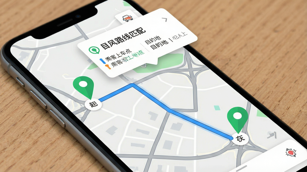 一张展示顺风车跑单助手智能路线匹配功能的界面截图,画面主体为手机屏幕,屏幕内显示地图路线与订单气泡,地图上标注起点与终点,路线用蓝色线条高亮,订单卡片浮在地图上方,卡片内显示乘客上车点与目的地,排版清晰,风格为扁平化地图UI,细节包括绿色定位图标、灰色道路线条、白色卡片,画质高清,画面干净,无多余元素
