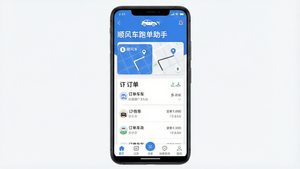 一张展示顺风车跑单助手软件主界面的手机预览图,画面中央是一部竖屏安卓手机,屏幕内显示顺风车跑单助手应用的主页,页面顶部有“顺风车跑单助手”文字标题,中部是路线卡片与订单列表布局,底部有导航栏图标,整体布局清晰,排版简洁,风格为现代科技感扁平化UI,细节包括蓝色主色调、白色卡片背景、圆角图标,画质高清,画面干净,无多余元素