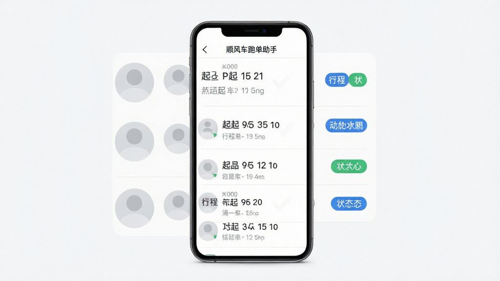 一张展示顺风车跑单助手订单管理面板的手机界面图,画面中手机屏幕显示订单列表,列表内包含多个订单条目,每个条目左侧有乘客头像占位,中间显示行程起终点,右侧显示状态标签,排版整齐,风格为清爽列表式UI,细节包括浅灰色分割线、蓝色状态标签、白色背景,画质高清,画面干净,无多余元素