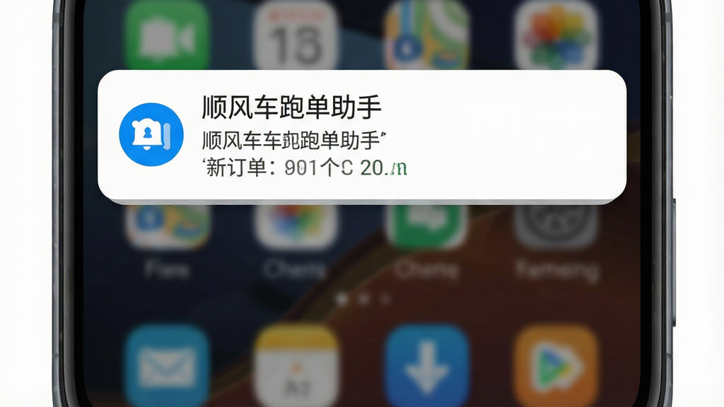 一张展示顺风车跑单助手消息提醒功能的手机界面图,画面中手机屏幕顶部弹出通知横幅,横幅内显示“顺风车跑单助手”名称与新订单简要信息,背景为手机桌面,排版简洁,风格为安卓原生通知风格,细节包括蓝色通知图标、白色横幅卡片、圆角设计,画质高清,画面干净,无多余元素