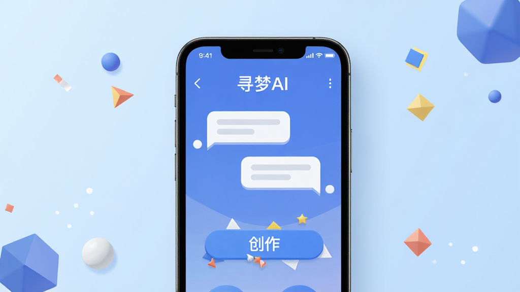 画面中央放置一部智能手机,手机屏幕上显示“寻梦AI”应用界面,界面中包含对话气泡与创作按钮,背景为简洁的浅蓝色渐变,四周散落少量几何图形点缀,整体风格清爽现代,细节上突出手机与界面的质感,画质清晰干净,无多余元素